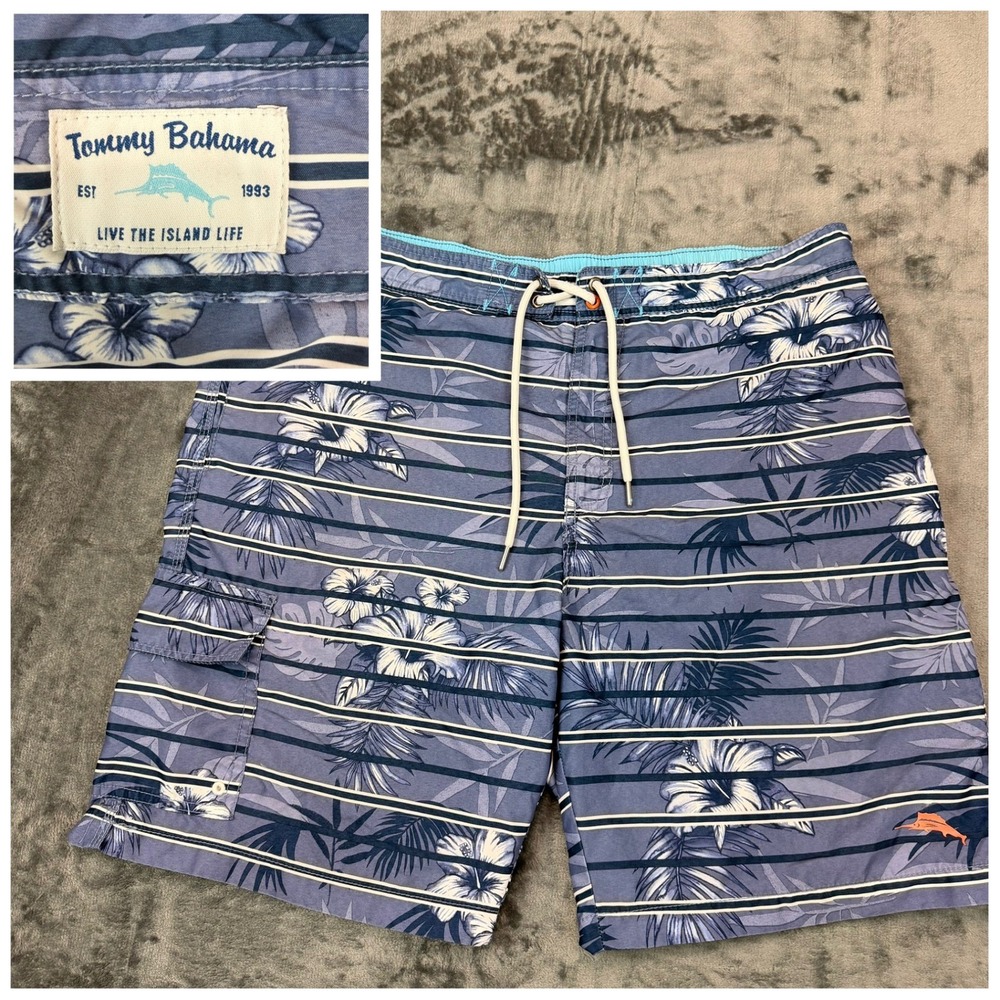 Tommy Bahama‎ Swim Trunks Mens 36 Blue Tropical Floral Board Shorts Cargo Lined